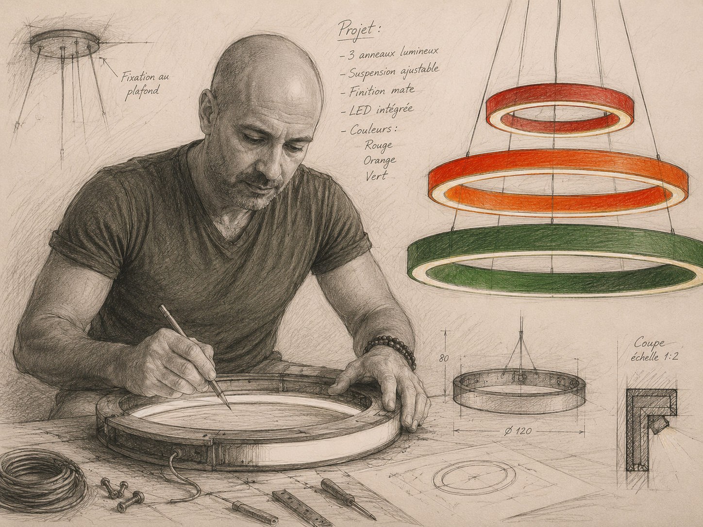 Croquis de conception des lustres Porsche — design David Peys