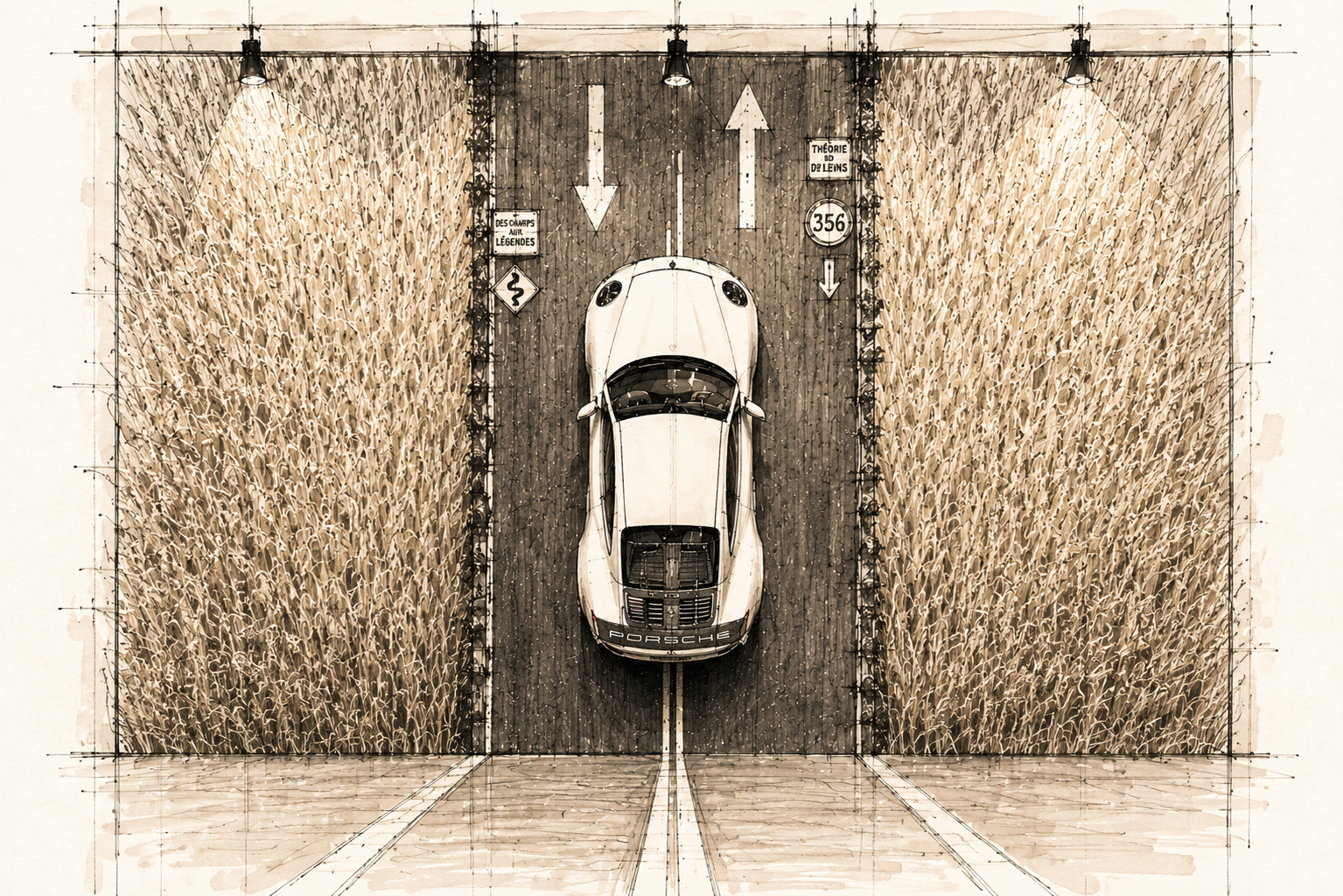 Porsche suspendue — installation artistique dans la grange